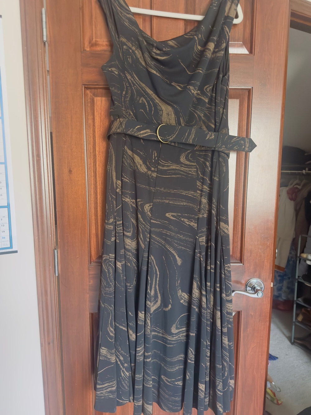 Taylor Black Midi Dress with Gold Swirl Print and Belt